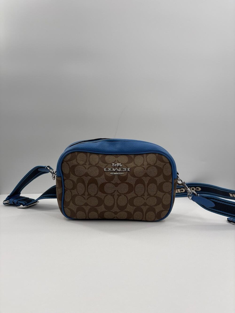 Coach Signature Jamie Crossbody (Khaki/Racer Blue) Logo Print Brown Thick Strap